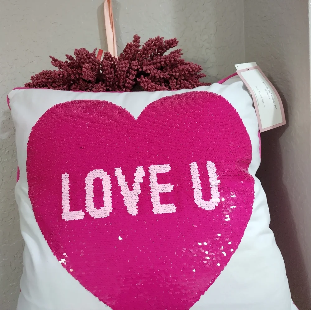 Cupcakes Cashmere Valentine's Conversation Heart Sequined Pillow Love U Be Mine